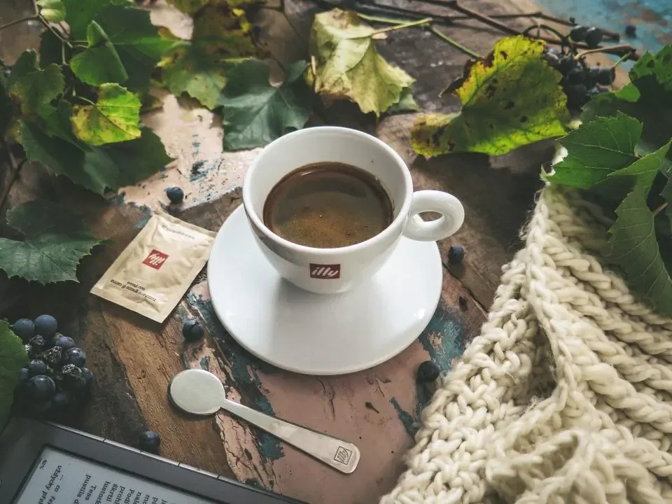 Tasse Kaffee mit Untertasse auf einem Holztisch, daneben Weinlaub und eine Wolldecke